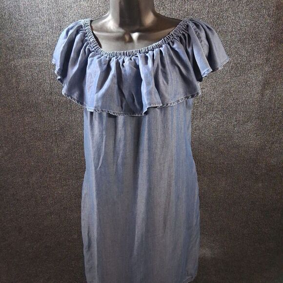 Tommy Bahama Dresses & Skirts - Tommy Bahama Blue Tencel Chambray Ruffle Off Shoulder Mini Dress Size S Pockets